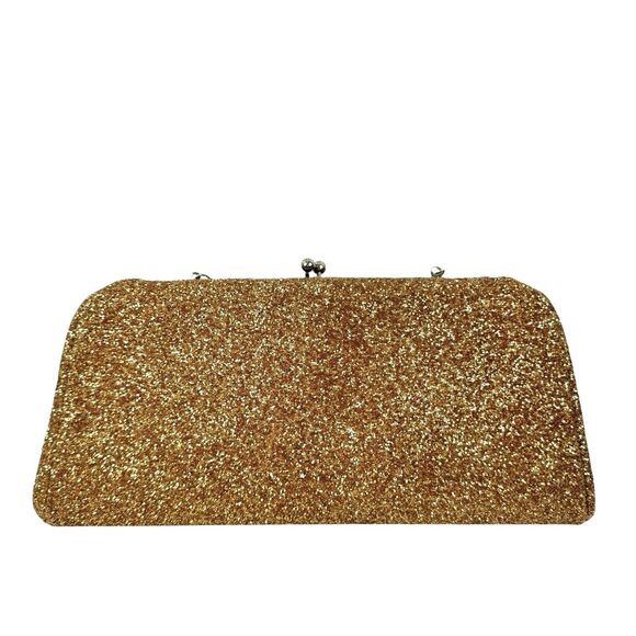 Gold Glitter Clutch Handbag Kiss Lock Evening Wedding Prom Glam Old Hollywood - Picture 3 of 13
